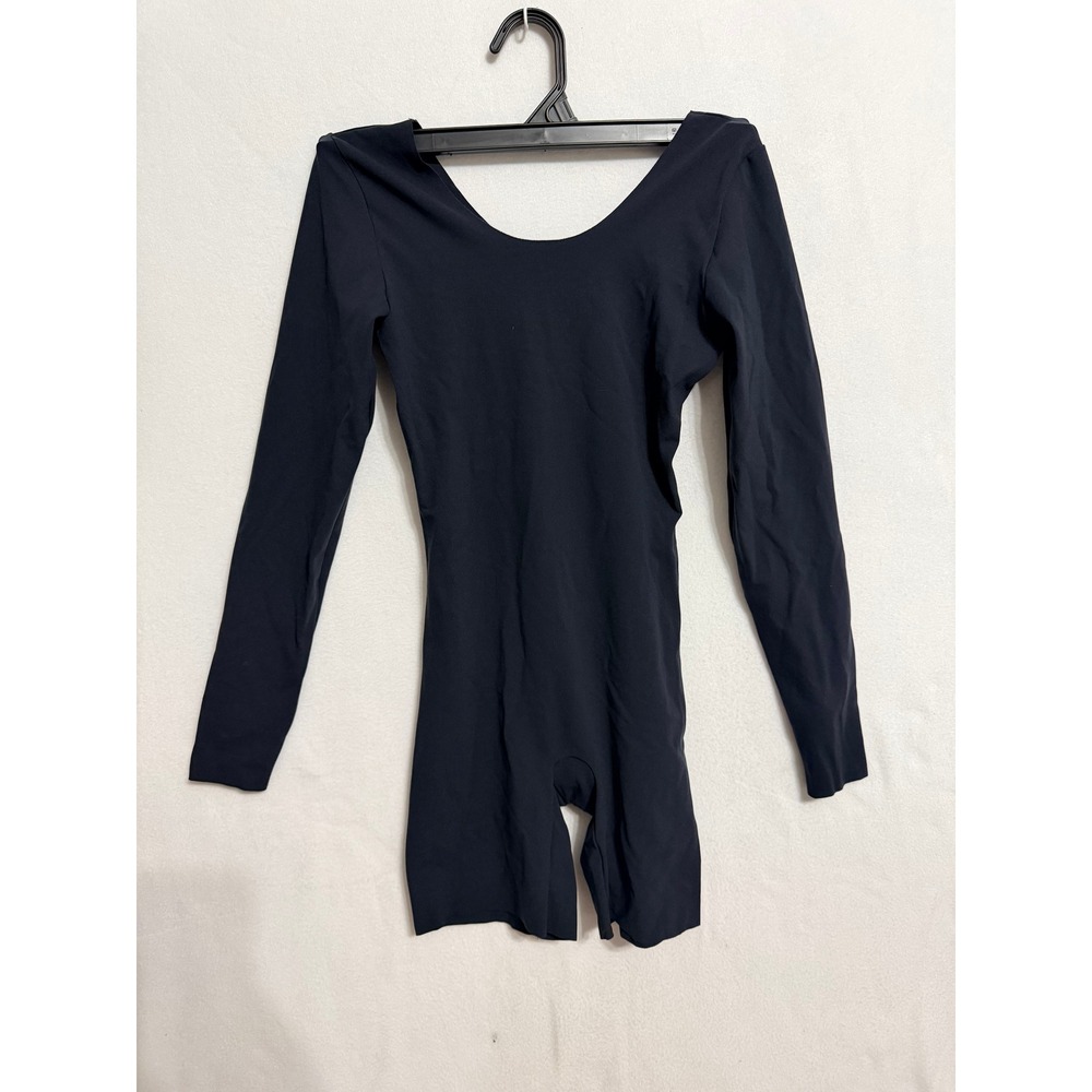 Spanx Womens Black Long Sleeve Mid-Thigh Bodysuit Scoop Neck Size M